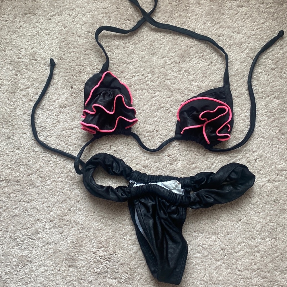 Black thong Brazilian bikini with pink lining fringe top